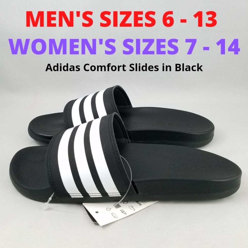 NEW Sz Men 6-13 | Women 7-14 Adidas Comfort Slides in Black with White Stripes